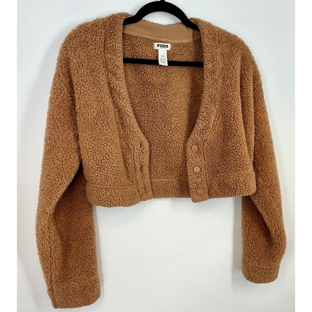 PINK Victoria's Secret Sherpa Teddy Cropped Cardigan Sweater Small Brown Cozy - Picture 5 of 12